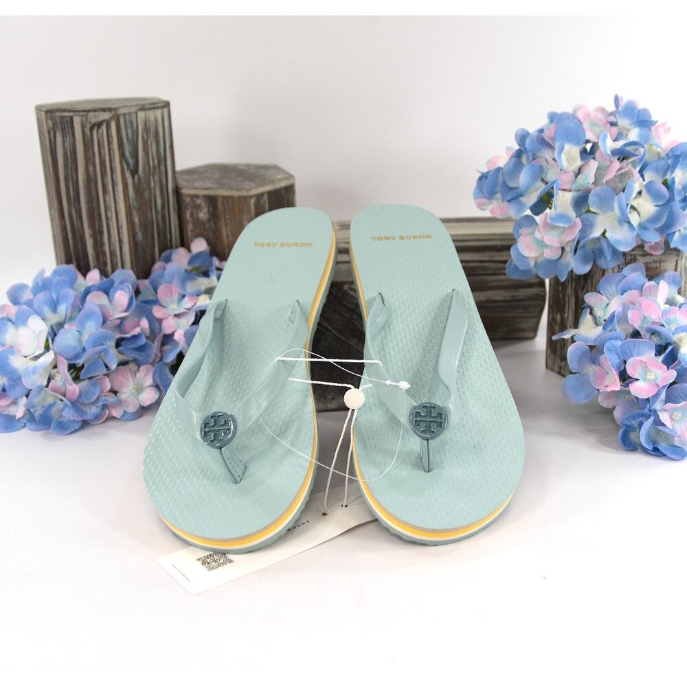 Tory Burch Mini Minnie Grey Mist Smoke Blue Rubber Flip Flop Sandals 6 NWT